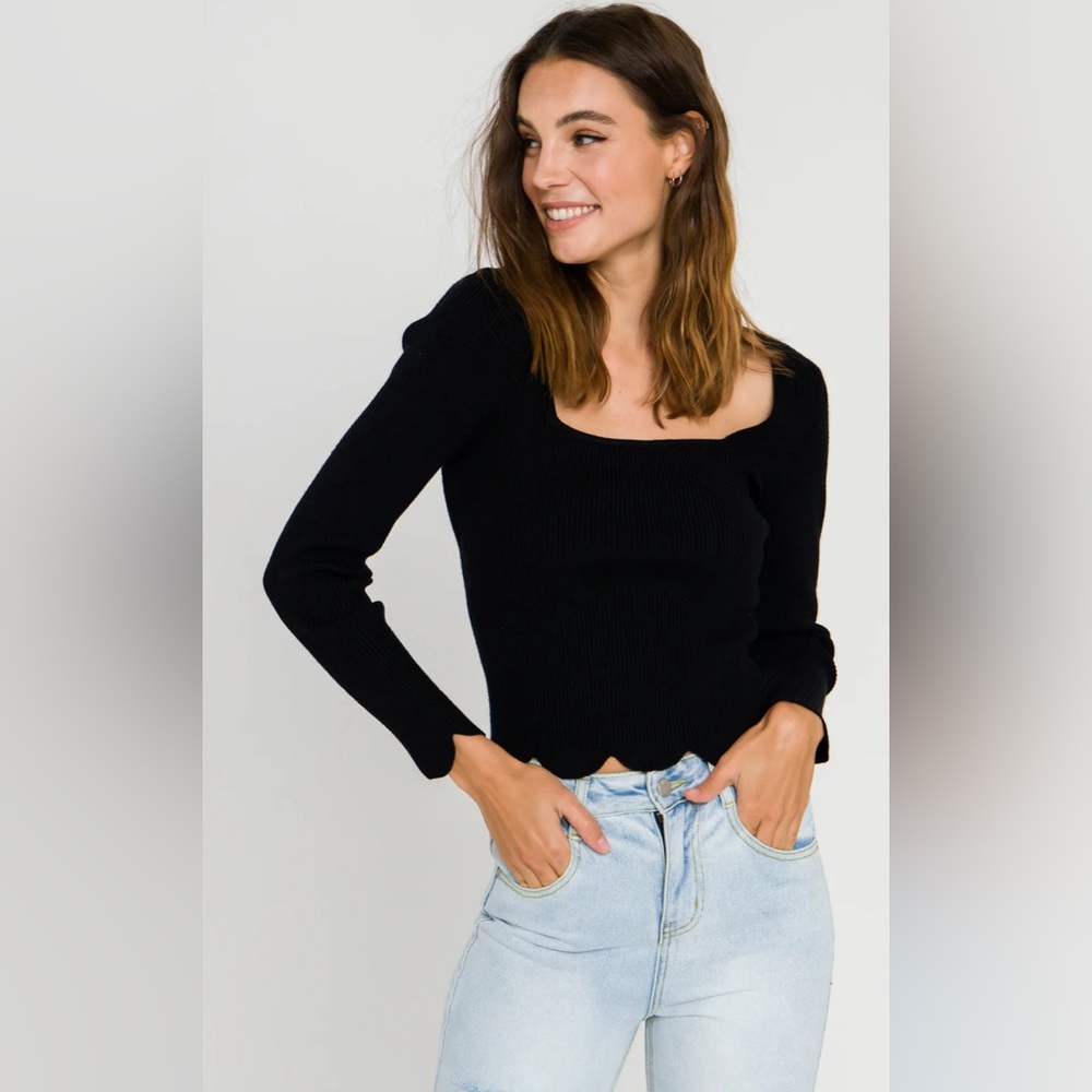 English Factory Black Square Neck Rib Knit Sweater
